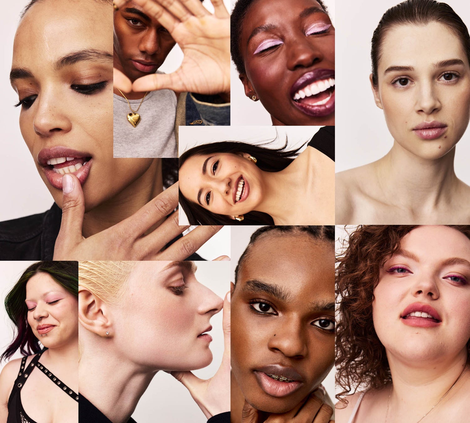 Collage of photos of 9 models photographed in a studio.