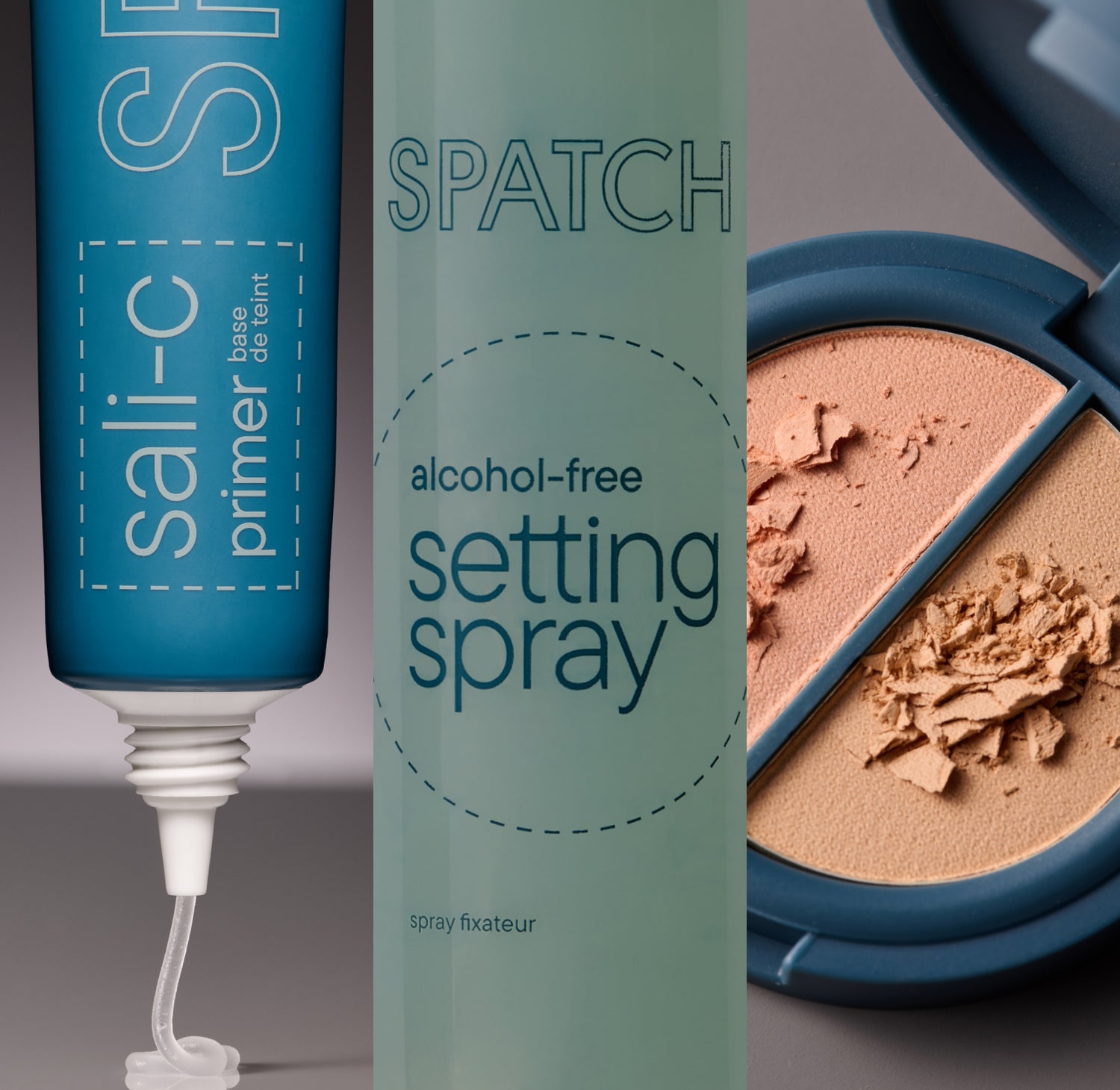 A group of three cosmetic products on a gray background shown in a collage of three photos. From left to right: a teal colored tube of SPATCH Sali-C primer with the primer being squeezed out of the cap and onto a gray surface, a closeup shot of an aqua-colored bottle of SPATCH alcohol-free setting spray, and a round, teal-colored pressed powder compact opened to show two shades of tan-colored pressed powder