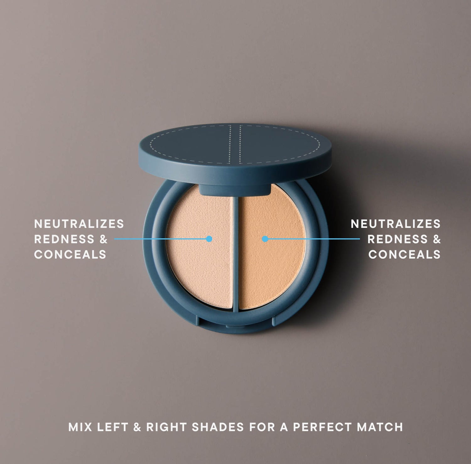 A circular, teal-colored compact of two shades of peach-colored pressed cosmetic powder on a gray background. Both shades of powder are labeled with the text &quot;neutralizes redness &amp; conceals&quot; and the bottom of the images has white text that reads &quot;mix left &amp; right sahdes for a perfect match&quot;