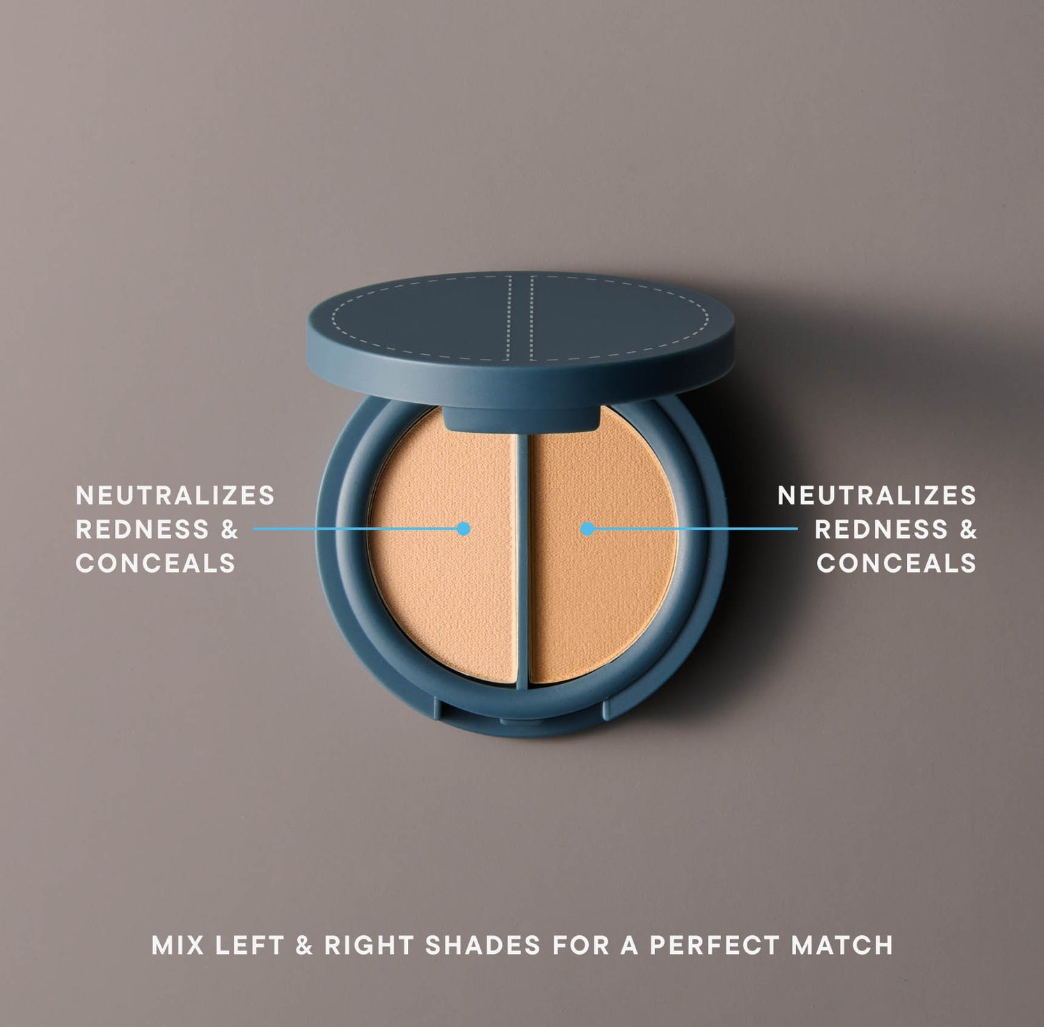 A circular, teal-colored compact of two shades of warm beige-colored pressed cosmetic powder on a gray background. Both shades of powder are labeled with the text &quot;neutralizes redness &amp; conceals&quot; and the bottom of the images has white text that reads &quot;mix left &amp; right sahdes for a perfect match&quot;